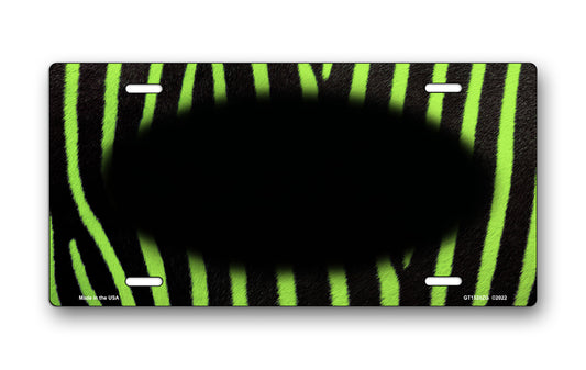 Green and Black Zebra Fur with Black Oval License Plate