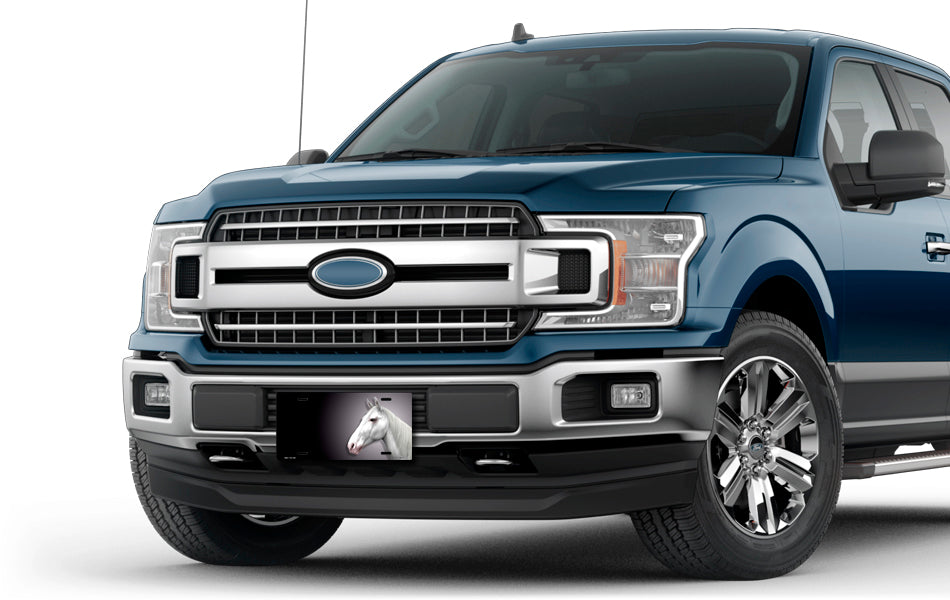 White Horse on Black Offset License Plate