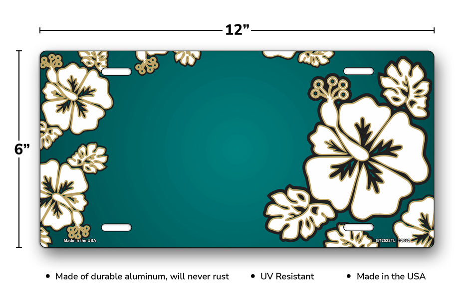 White Hibiscus on Teal License Plate