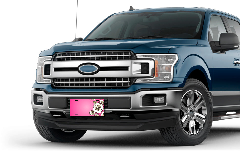 White Hibiscus on Pink Offset License Plate