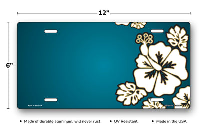 White Hibiscus on Teal Offset License Plate