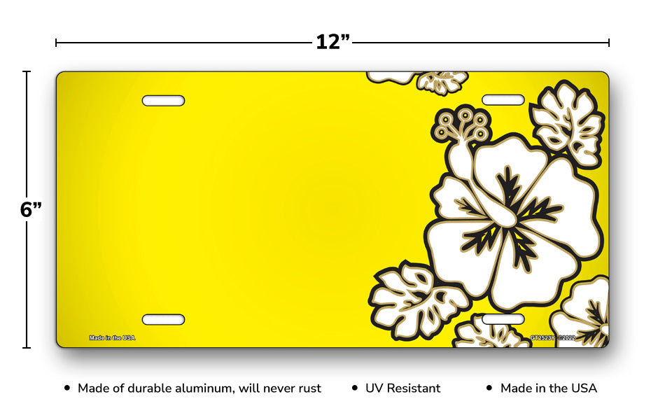 White Hibiscus on Yellow Offset License Plate
