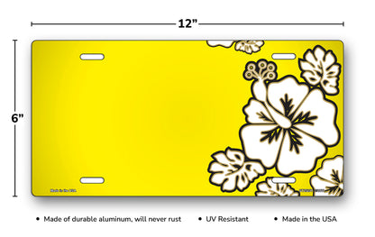 White Hibiscus on Yellow Offset License Plate