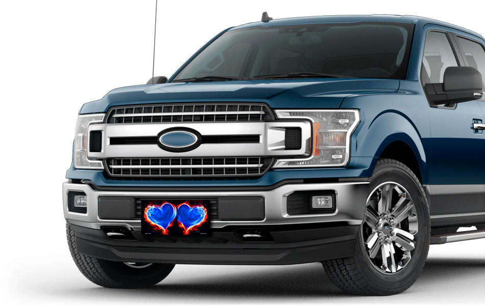 Red and Blue Fire Hearts on Black License Plate