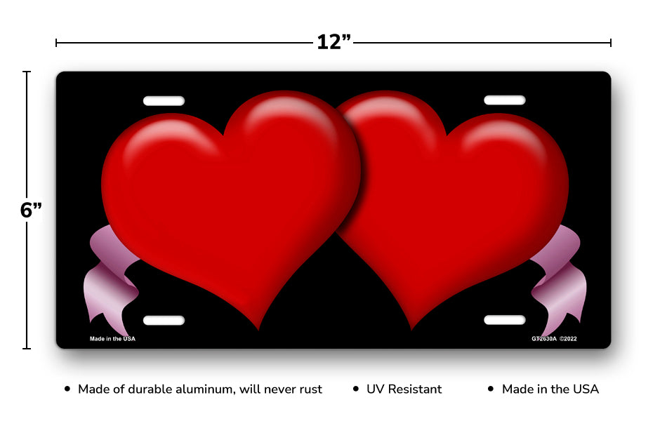 Red Hearts and Pink Ribbons on Black License Plate