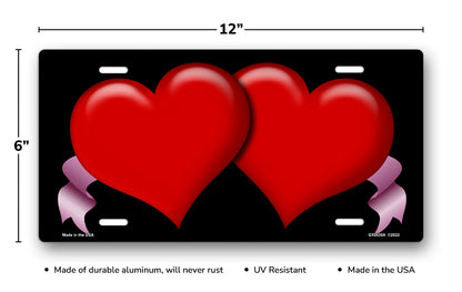 Red Hearts and Pink Ribbons on Black License Plate