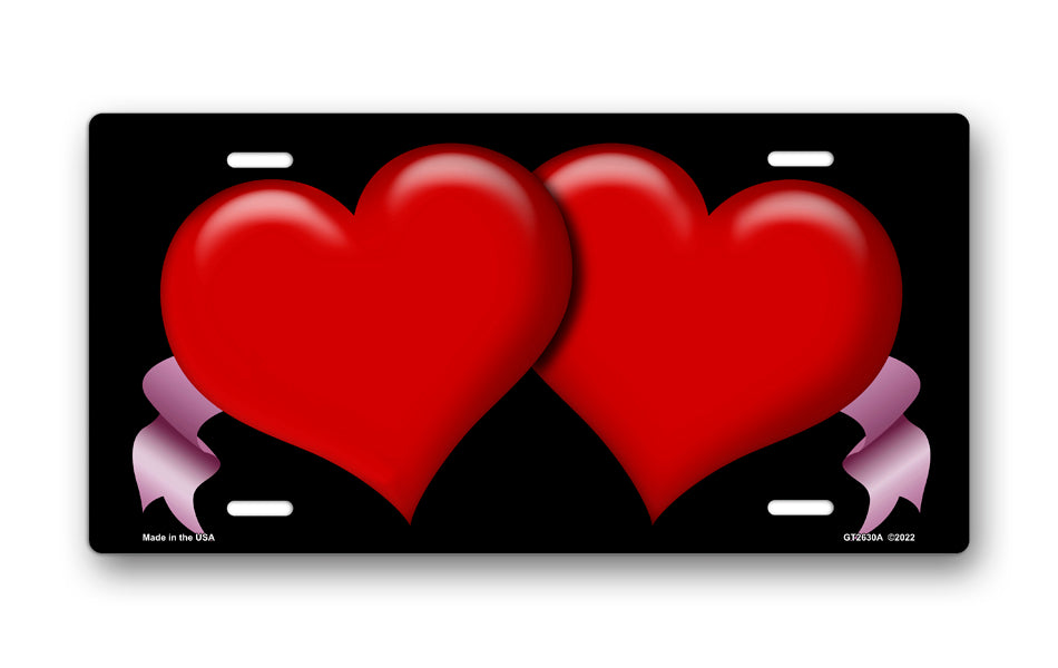 Red Hearts and Pink Ribbons on Black License Plate