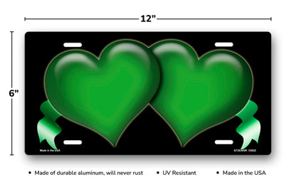 Green Hearts and Ribbons on Black License Plate