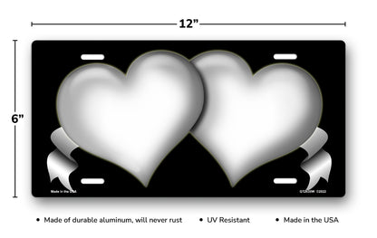 White Hearts and Ribbons on Black License Plate
