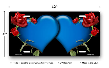 Blue Hearts and Red Roses on Black License Plate