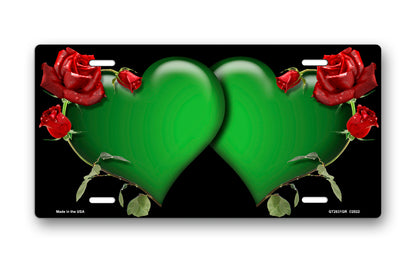 Green Hearts and Red Roses on Black License Plate