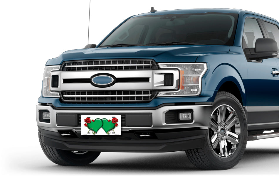 Green Hearts and Red Roses on White License Plate