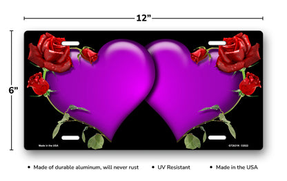 Purple Hearts and Red Roses on Black License Plate