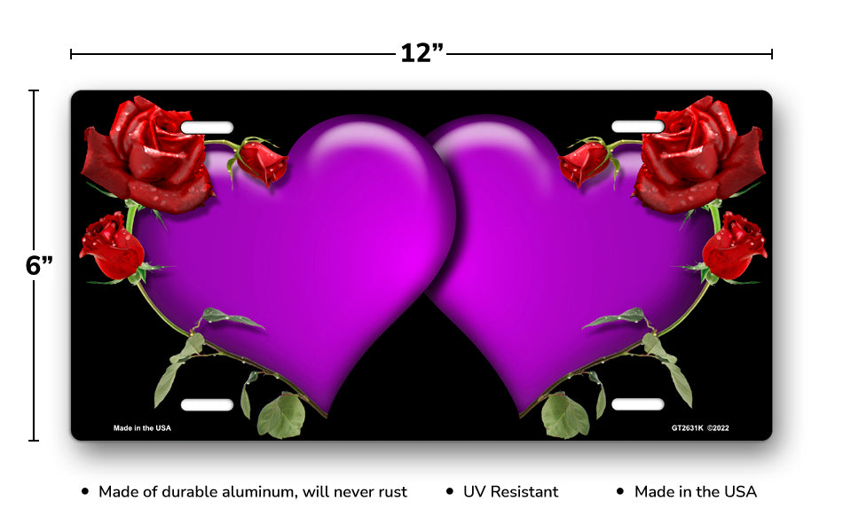 Purple Hearts and Red Roses on Black License Plate