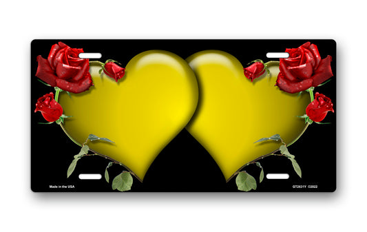 Yellow Hearts and Red Roses on Black License Plate