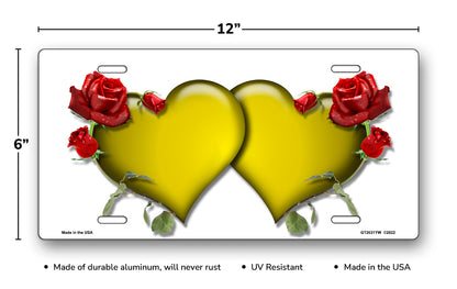 Yellow Hearts and Red Roses on White License Plate