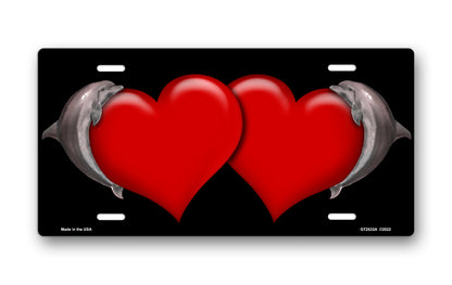 Dolphins and Red Hearts on Black License Plate