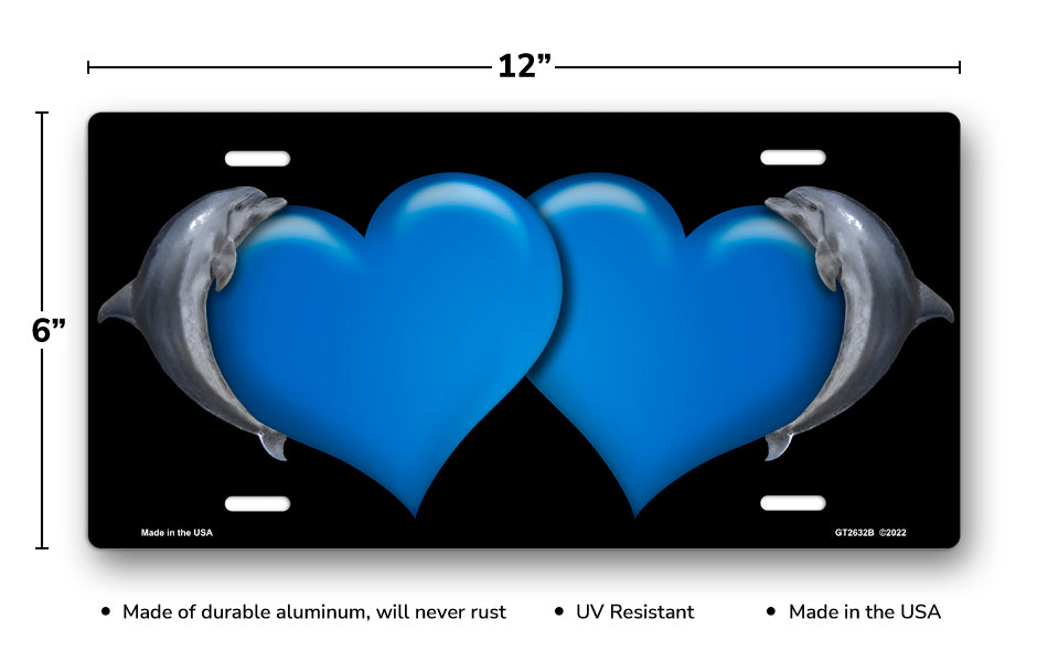 Dolphins and Blue Hearts on Black License Plate