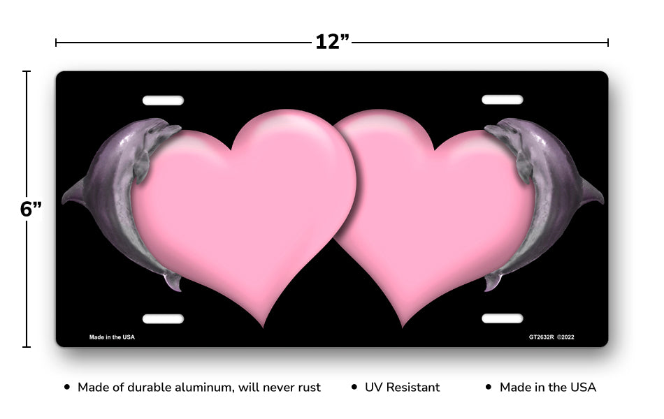 Dolphins and Pink Hearts on Black License Plate