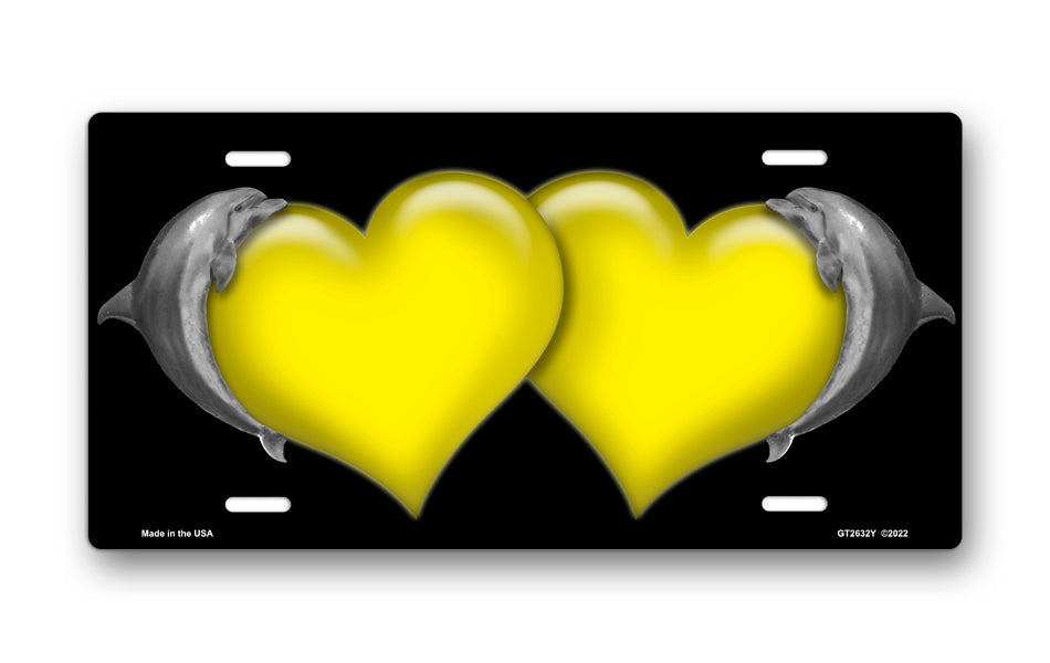 Dolphins and Yellow Hearts on Black License Plate