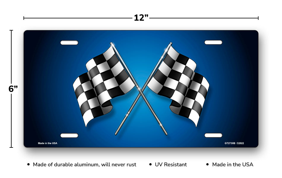 Checkered Flags on Blue License Plate