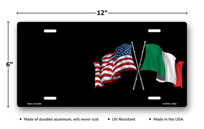 Crossed American and Italian Flags on Black Offset License Plate