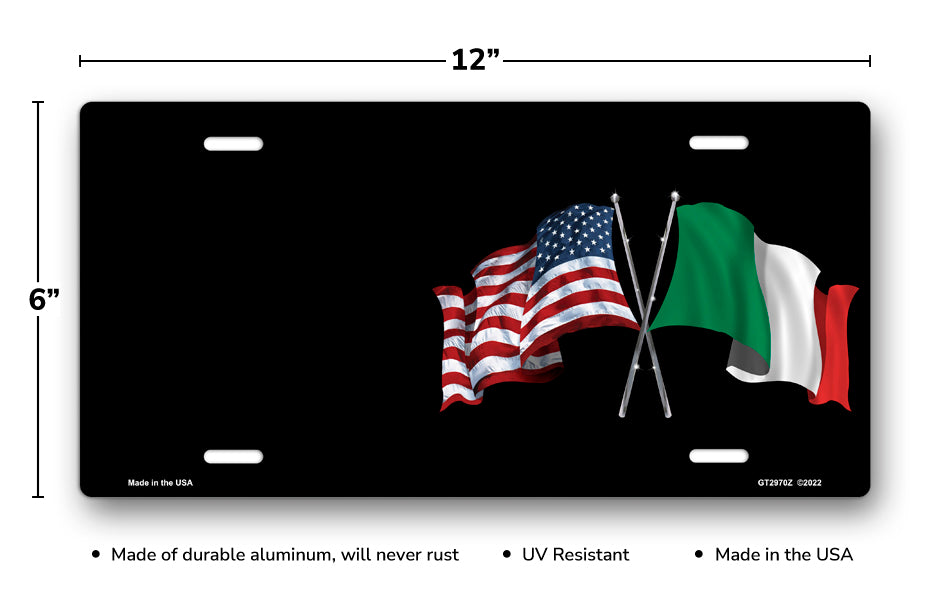 Crossed American and Italian Flags on Black Offset License Plate