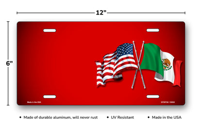 Crossed American and Mexican Flags on Red Offset License Plate