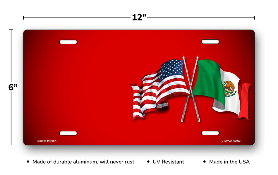 Crossed American and Mexican Flags on Red Offset License Plate
