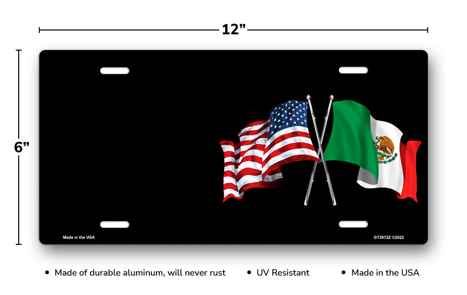 Crossed American and Mexican Flags on Black Offset License Plate