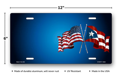 Crossed American and Puerto Rican Flags on Blue Offset License Plate