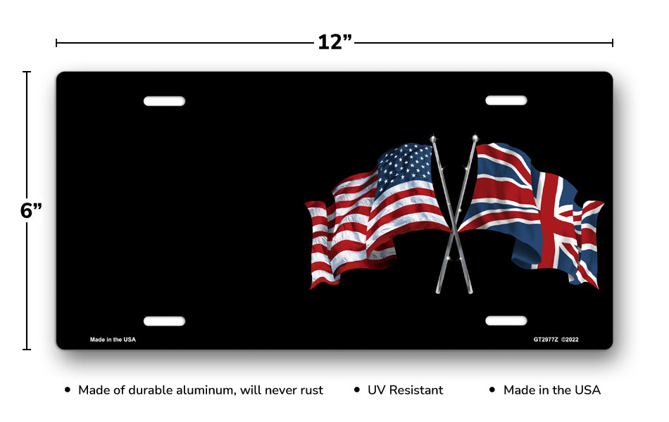 Crossed American and British Flags on Black Offset License Plate