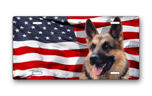 German Shepherd on American Flag License Plate
