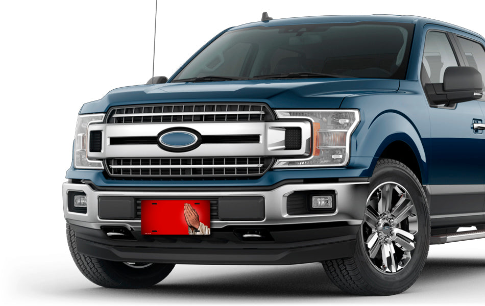 Praying Hands on Red Offset License Plate