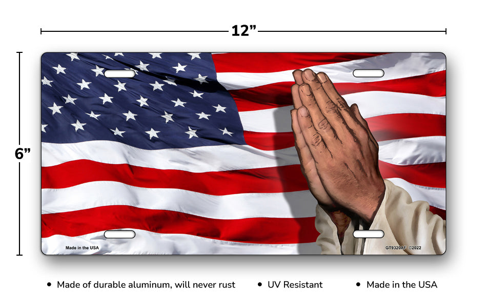 Praying Hands on American Flag Offset License Plate