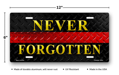 Never Forgotten Red Line on Black Simulated Diamond Plate License Plate
