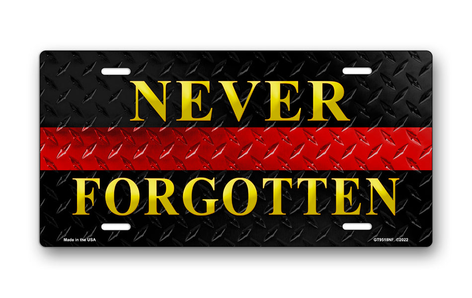 Never Forgotten Red Line on Black Simulated Diamond Plate License Plate