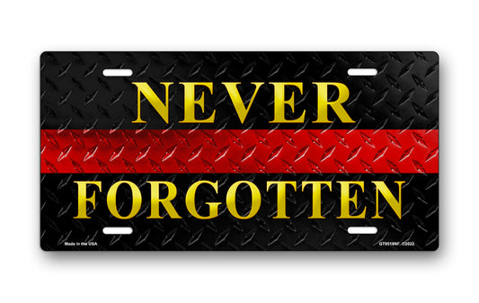 Never Forgotten Red Line on Black Simulated Diamond Plate License Plate