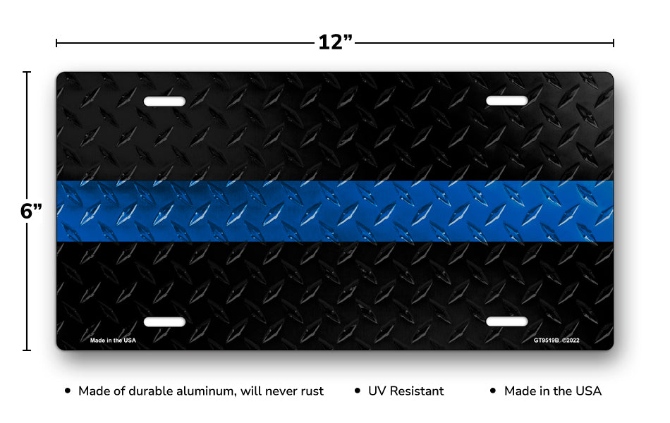 Blue Line on Black Simulated Diamond Plate License Plate