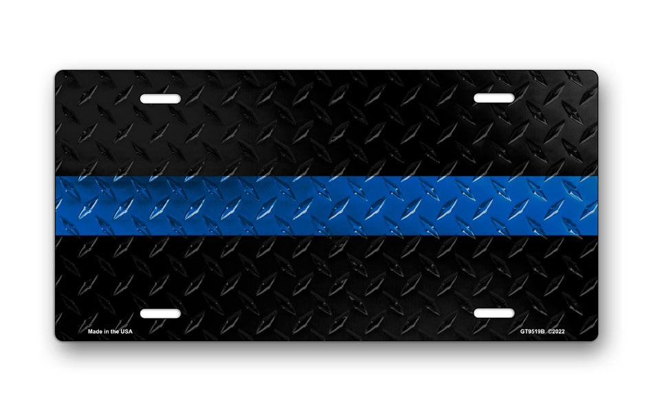 Blue Line on Black Simulated Diamond Plate License Plate