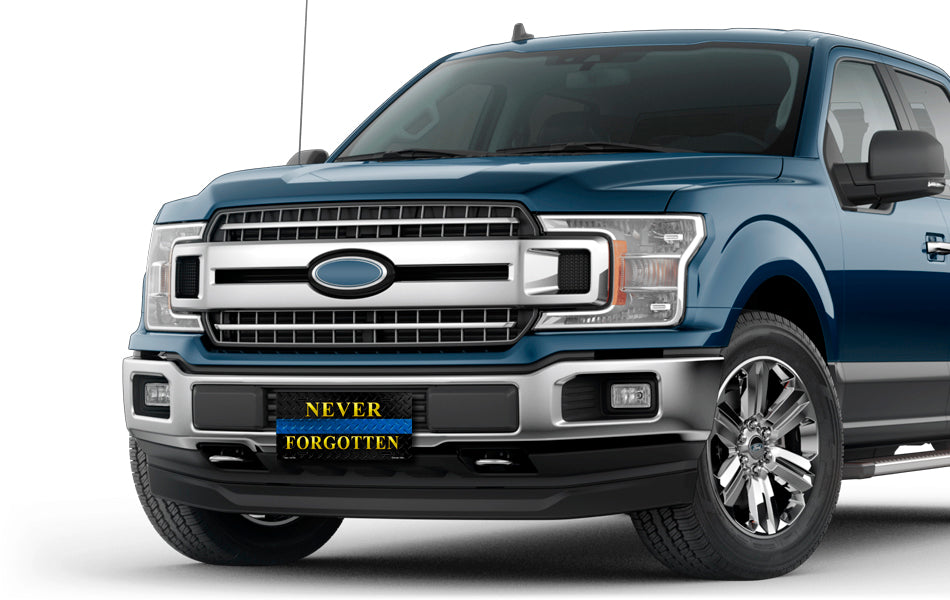 Never Forgotten Blue Line on Black Simulated Diamond Plate License Plate