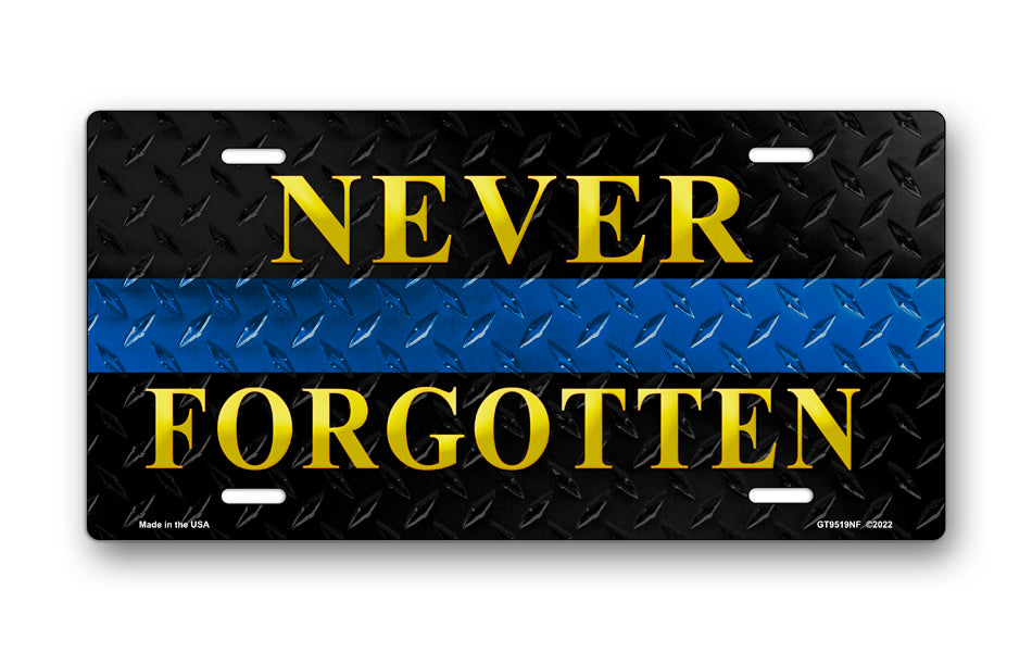 Never Forgotten Blue Line on Black Simulated Diamond Plate License Plate