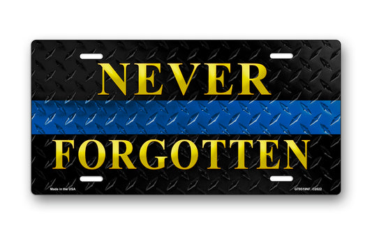 Never Forgotten Blue Line on Black Simulated Diamond Plate License Plate