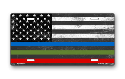 Thin Blue, Red and Green Lines American Flag License Plate
